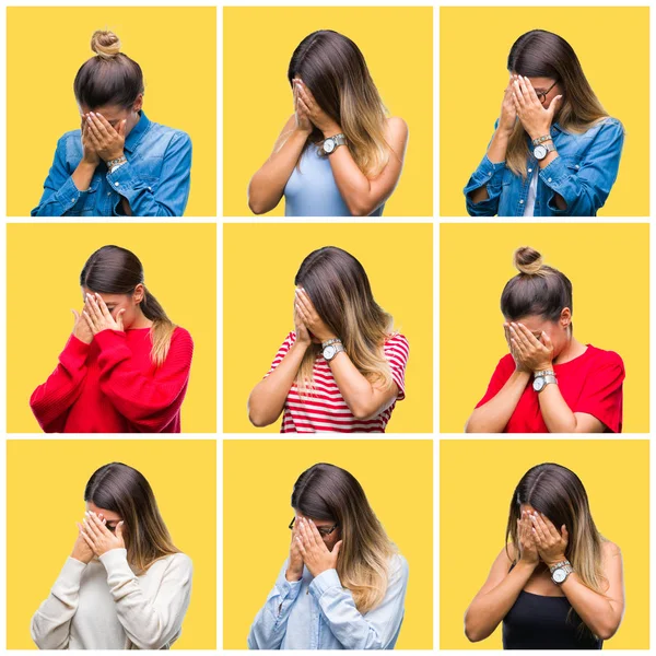 Collage of young beautiful woman over yellow isolated background with sad expression covering face with hands while crying. Depression concept.
