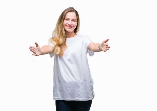 Unga Vackra Blonda Kvinnan Bär Casual Vit Shirt Över Isolerade — Stockfoto