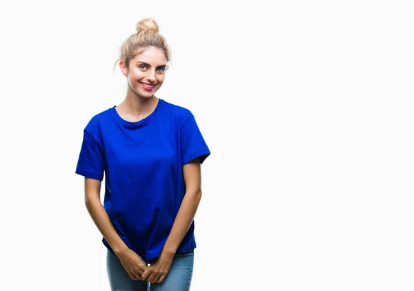 Junge Schöne Blonde Und Blaue Augen Frau Die Blaues Shirt — Stockfoto