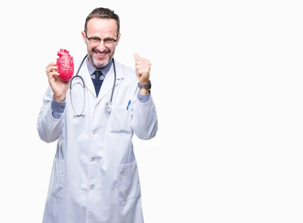 Middle Age Senior Hoary Cardiologist Doctor Man Holding Heart Isolated — Stock Photo, Image