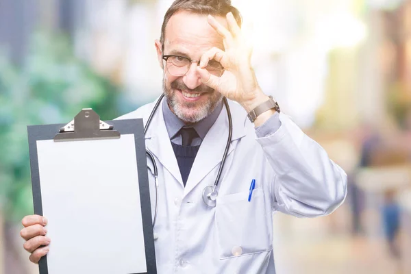 Middle Age Senior Hoary Doctor Man Holding Clipboard Isolated Background — Stock Photo, Image