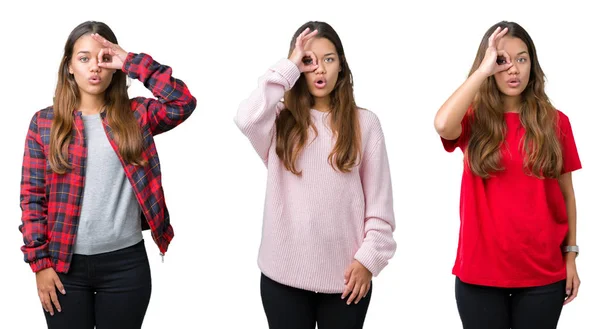 Collage Vackra Unga Kvinnan Över Isolerade Bakgrund Gör Gest Chockad — Stockfoto