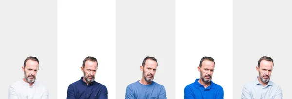 中年年配の白髪男性分離背景懐疑論者と組んだ腕で顔の神経 不賛成式上のコラージュ 否定的な人 — ストック写真