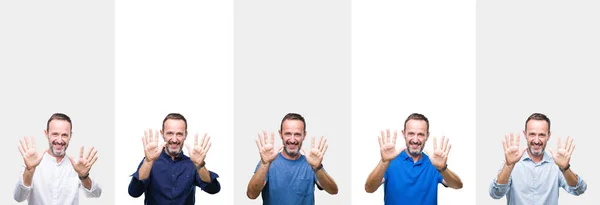 コラージュ分離背景表示と指で上向きに中年年配白髪の男性の数は自信を持って 幸せな笑みを浮かべている間 — ストック写真