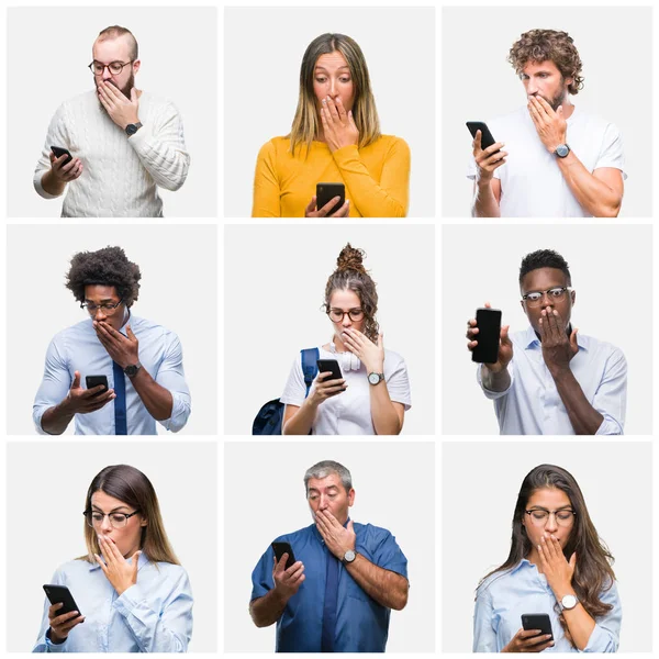 Collage Grupo Personas Que Utilizan Teléfono Inteligente Sobre Boca Cubierta —  Fotos de Stock