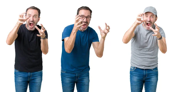 Collage Handsome Senior Man White Isolated Background Shouting Frustrated Rage — Stock Photo, Image