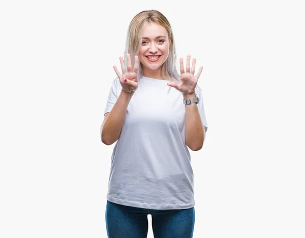 Jonge Blonde Vrouw Geïsoleerde Achtergrond Weergeven Met Vingers Omhoog Nummer — Stockfoto