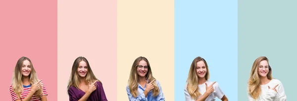 Collage Der Schönen Jungen Frau Über Bunten Streifen Isolierten Hintergrund — Stockfoto