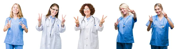 Collage Grupo Médicos Profesionales Mujeres Sobre Fondo Blanco Aislado Sonriendo — Foto de Stock