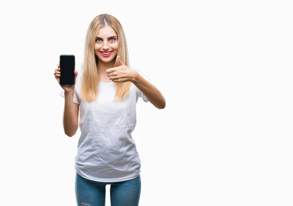 Jonge Mooie Blonde Vrouw Toont Smartphone Geïsoleerde Achtergrond Blij Met — Stockfoto