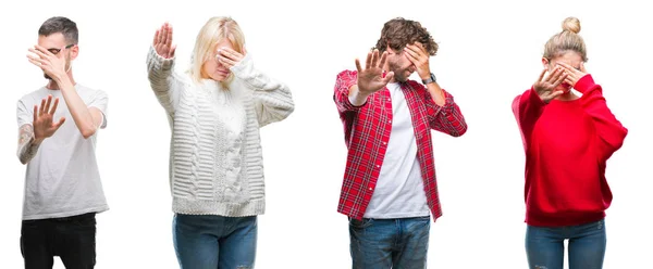 Collage Gruppo Giovani Sfondo Bianco Isolato Che Coprono Gli Occhi — Foto Stock