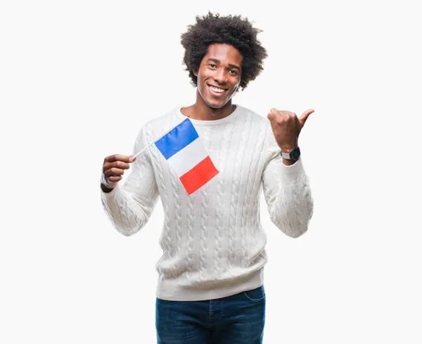 Афро Американский Флаг Мужчины Франции Изолированном Фоне Указывая Показывая Большим — стоковое фото