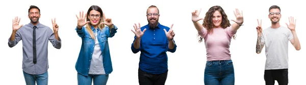 Collage Grupo Jóvenes Casuales Sobre Fondo Aislado Mostrando Apuntando Hacia — Foto de Stock