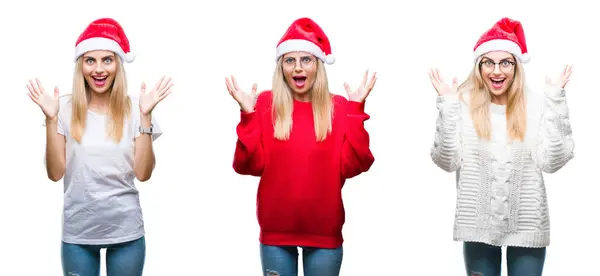 Collage Von Jungen Schönen Blonden Frau Mit Weihnachtsmütze Vor Isoliertem — Stockfoto