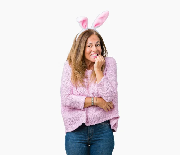 Middle Age Brunette Woman Wearing Easter Rabbit Ears Isolated Background — Stock Photo, Image