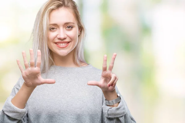 Mladá Blond Žena Izolované Pozadí Zobrazení Ukázal Prsty Číslo Osm — Stock fotografie