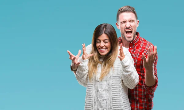 Young Couple Love Wearing Winter Sweater Isolated Background Celebrating Mad — Stock Photo, Image