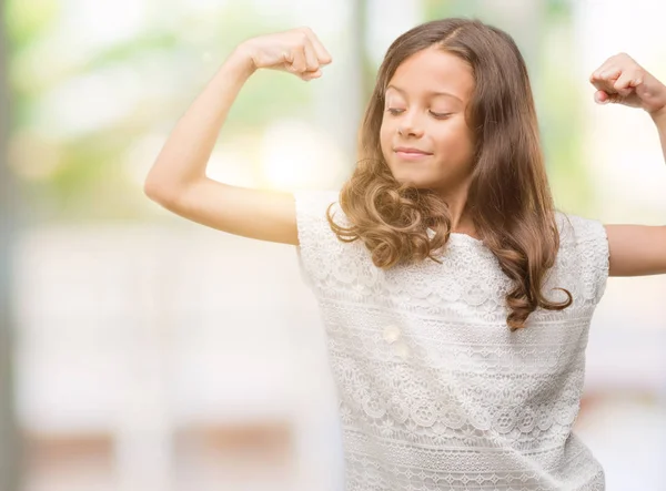 Brunette Hispanic Girl Showing Arms Muscles Smiling Proud Fitness Concept — Stock Photo, Image