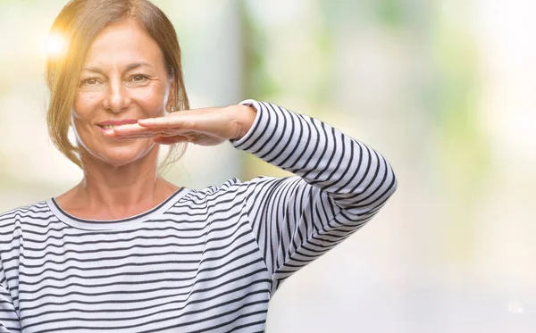 Mujer Hispana Mayor Mediana Edad Sobre Fondo Aislado Gesticulando Con — Foto de Stock