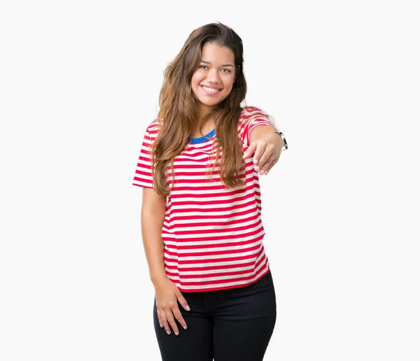 Jonge Mooie Brunette Vrouw Dragen Strepen Shirt Geïsoleerde Achtergrond Lachende — Stockfoto