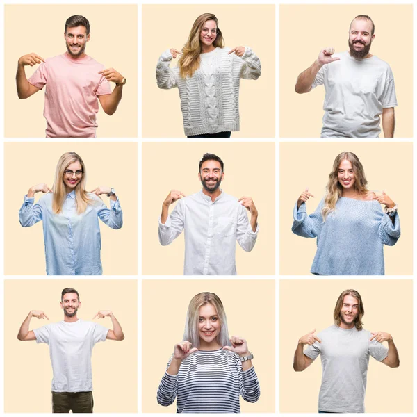 Collage Van Groep Mensen Vrouwen Mannen Kleurrijke Gele Geïsoleerde Achtergrond — Stockfoto