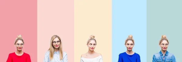 Collage Hermosa Mujer Rubia Sobre Rayas Colores Fondo Aislado Sonriendo —  Fotos de Stock