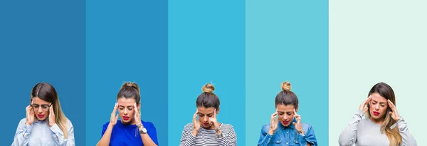 Collage Young Beautiful Woman Blue Stripes Isolated Background Hand Head — Stock Photo, Image