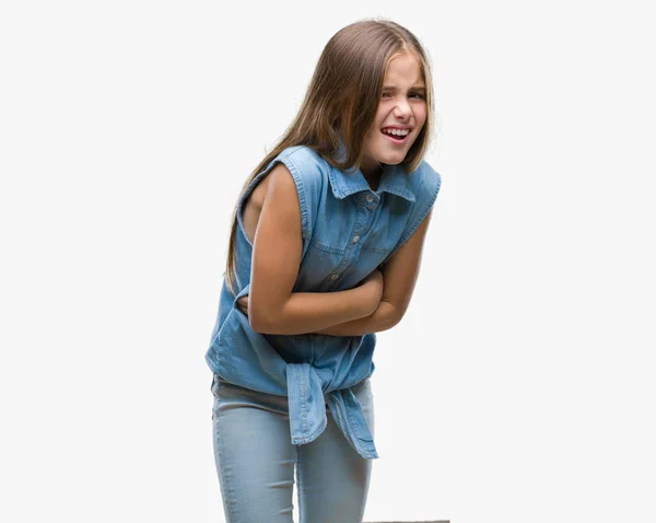 Young Beautiful Girl Isolated Background Hand Stomach Because Nausea Painful — Stock Photo, Image