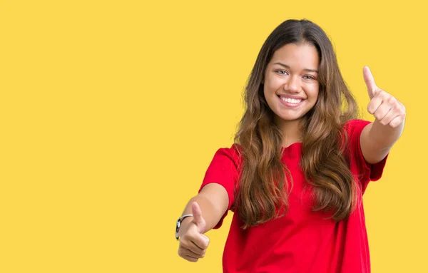 Jonge Mooie Brunette Vrouw Met Rode Shirt Geïsoleerde Achtergrond Goed — Stockfoto