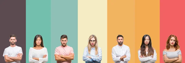 Collage Diverse Etnie Giovani Strisce Colorate Sfondo Isolato Scettico Nervoso — Foto Stock