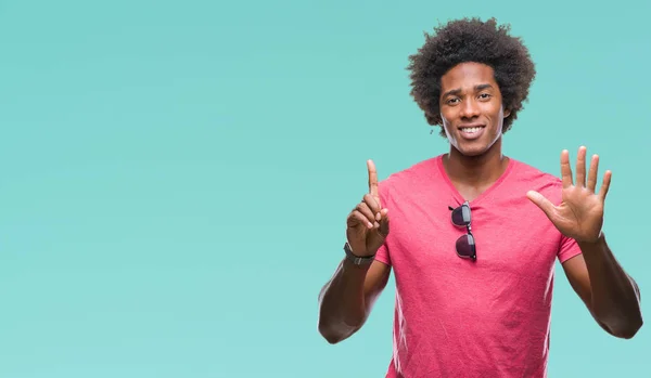 Afro American Man Isolated Background Showing Pointing Fingers Number Six — Stock Photo, Image