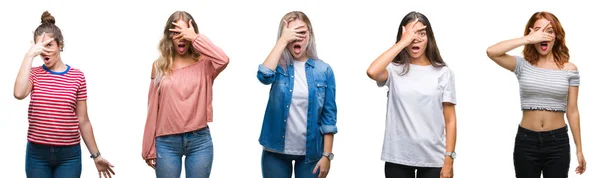 Collage Von Jungen Schönen Frauen Vor Isoliertem Hintergrund Die Schockiert — Stockfoto