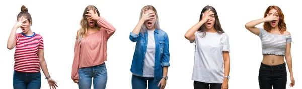 Collage Van Jonge Mooie Handgraap Van Vrouwen Geïsoleerde Achtergrond Gluren — Stockfoto