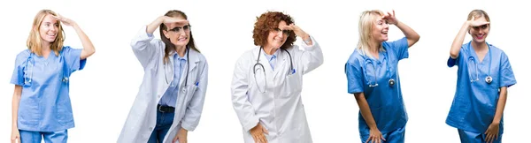 职业医生小组妇女的拼贴在白色被隔绝的背景非常愉快和微笑看遥远与手在头 搜索概念 — 图库照片