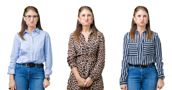Collage Vackra Medelålders Kvinna Över Isolerade Bakgrund Pustande Kinder Med — Stockfoto