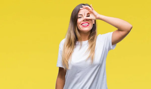 Jovem Bela Mulher Casual Branco Shirt Sobre Isolado Fundo Fazendo — Fotografia de Stock