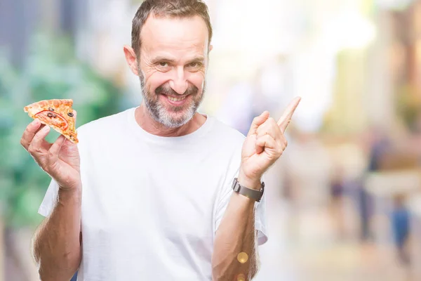 Hoary Senior Man Eating Pizza Slice Isolated Background Very Happy — Stockfoto