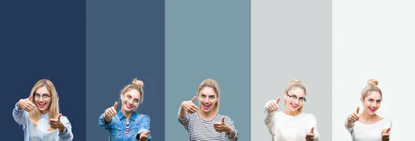 Collage Van Jonge Mooie Blonde Vrouw Goedkeuring Van Levendige Kleurrijke — Stockfoto