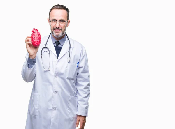 Middle Age Senior Hoary Cardiologist Doctor Man Holding Heart Isolated — Stock Photo, Image