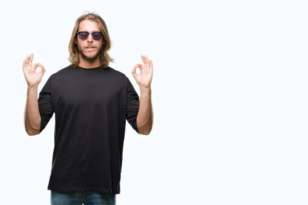 Young Handsome Man Long Hair Wearing Sunglasses Isolated Background Relax — Stock Photo, Image