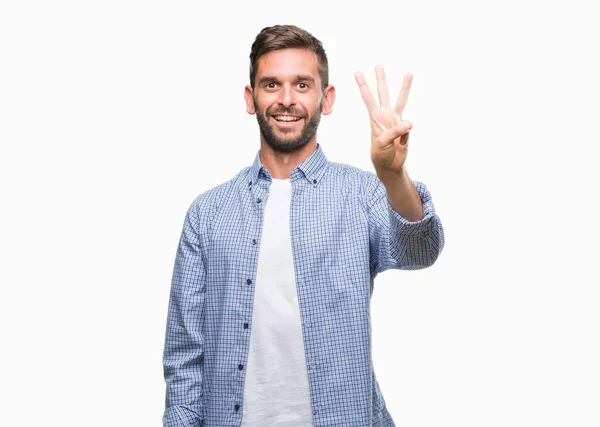 Joven Hombre Guapo Con Camiseta Blanca Sobre Fondo Aislado Mostrando — Foto de Stock