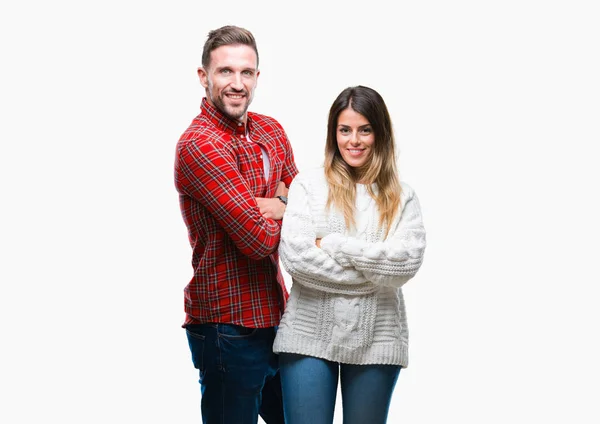 Junges Verliebtes Paar Winterpullover Über Isoliertem Hintergrund Glücklich Lächelnd Mit — Stockfoto