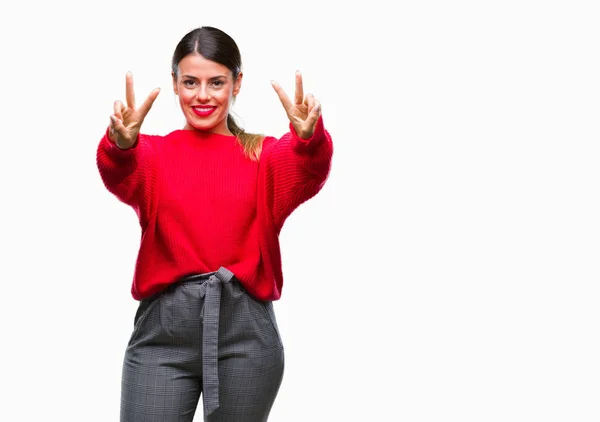 Giovane Bella Donna Affari Indossa Maglione Invernale Sfondo Isolato Sorridente — Foto Stock