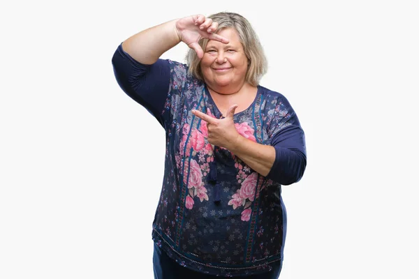 Senior Más Tamaño Mujer Caucásica Sobre Fondo Aislado Sonriendo Haciendo — Foto de Stock