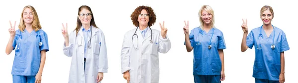 白い分離背景表示と指で上向きに専門の医者の女性のグループのコラージュ数は自信を持って 幸せな笑みを浮かべて中 — ストック写真
