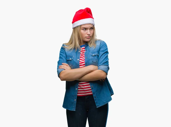 Giovane Donna Caucasica Indossa Cappello Natale Sfondo Isolato Scettico Nervoso — Foto Stock