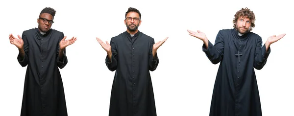 Collage Hombres Sacerdotes Cristianos Sobre Fondo Aislado Expresión Despistada Confusa —  Fotos de Stock