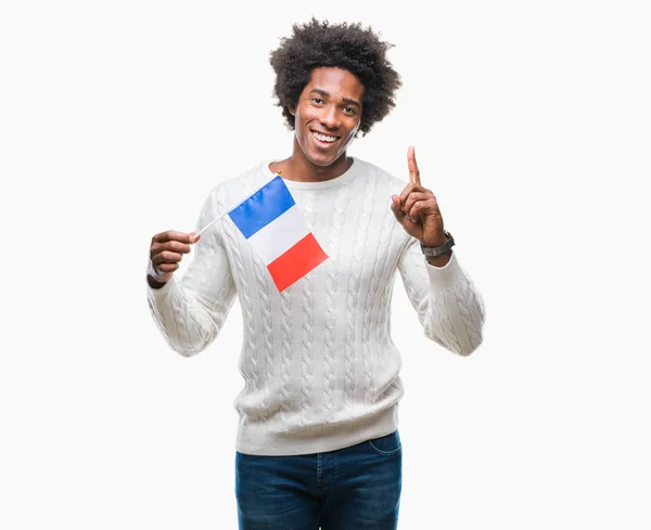 Bandera Hombre Afroamericano Francia Sobre Fondo Aislado Sorprendido Con Una — Foto de Stock