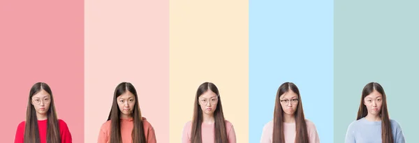 Колаж Красивої Азіатської Жінки Над Різнокольоровими Смугами Ізольований Фоні Депресії — стокове фото
