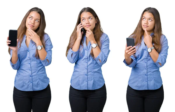 Collage Vackra Unga Affärskvinna Med Smartphone Isolerade Bakgrund Allvarligt Ansikte — Stockfoto